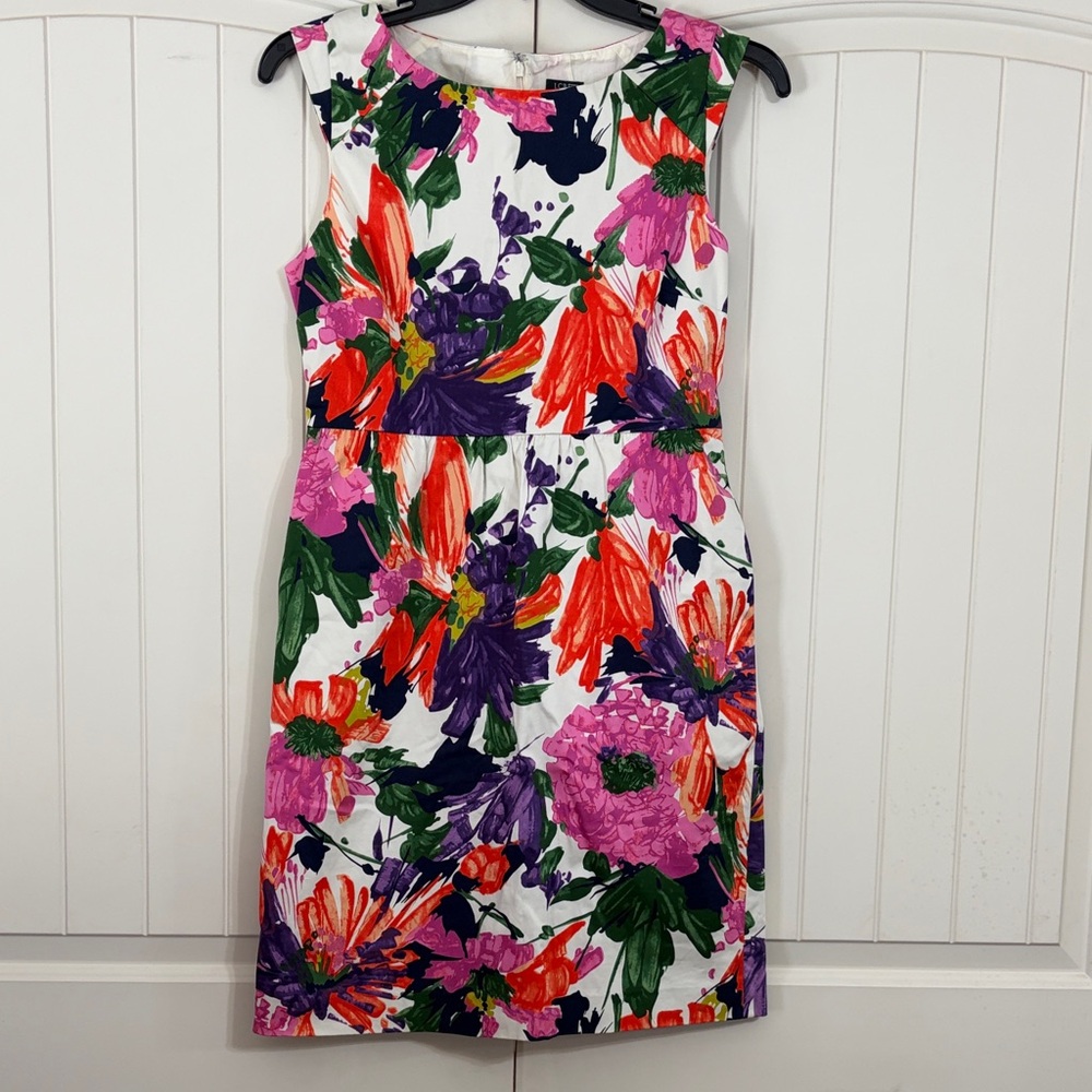 J. Crew White Floral Mini Dress with Pink, Purple & Orange Blooms